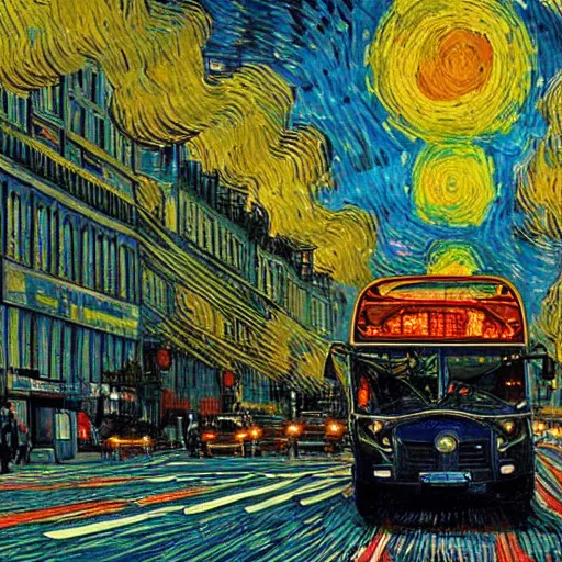 Prompt: autobus on fire with lcd screen saying 5 1 2 photorealistic. rule of thirds. van gogh style