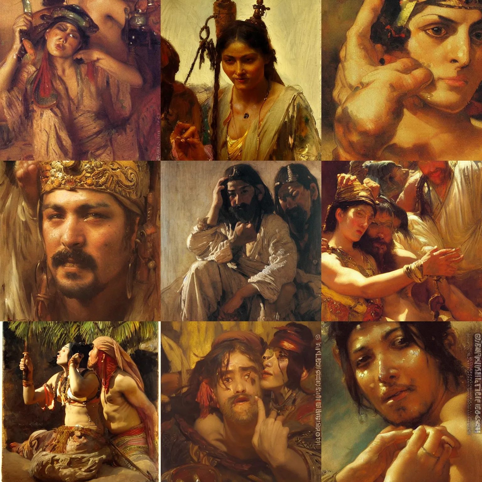 Prompt: orientalism painting of a drunk face detail by theodore ralli and nasreddine dinet and anders zorn and edwin longsden long, bronze age, sword and sorcery, oil on canvas, masterful intricate artwork, excellent lighting, high detail 8 k