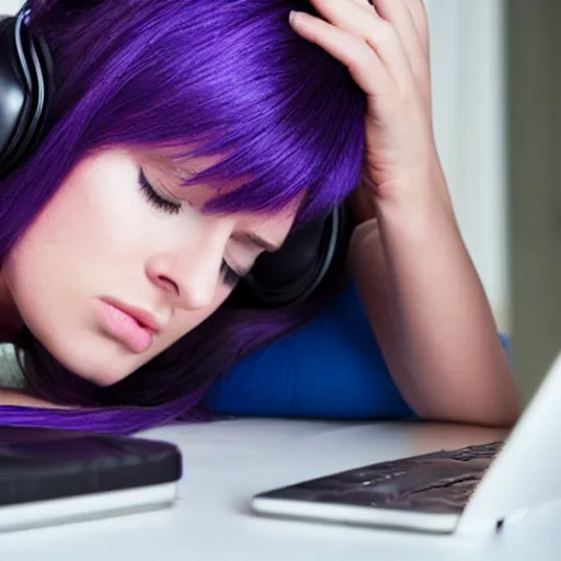 Image similar to beautiful purple - haired female sleeping at computer, wearing headphones, snoring