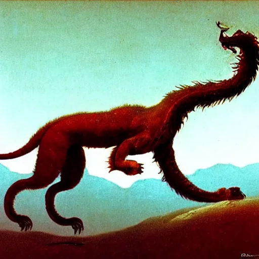 Image similar to manticore prowling in the dessert, concept, lion head and body, scorpion tail, beksinski