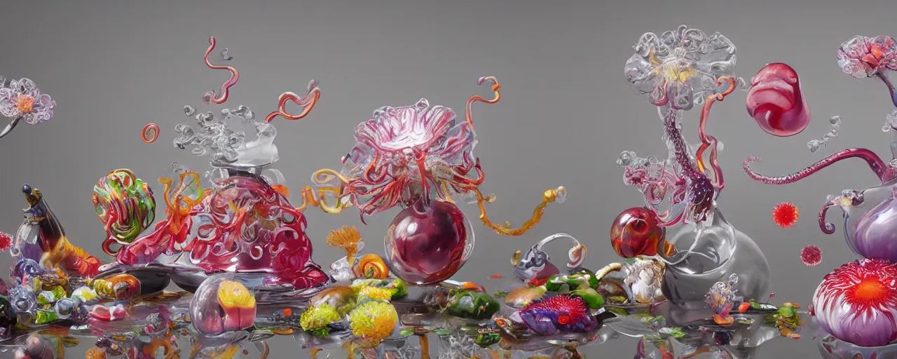 Image similar to ultradetailed photorealistic still life with jelly flowers by ernst haeckel, jan brueghel, james jean and murakami takashi, slime and tentacles, wide angle, minimalistic cinematic composition, octane render, bokeh, unreal engine, 4k, 3d render