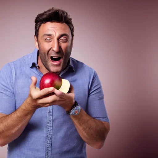 Prompt: gino de campo yelling at an apple, realistic, 8k resolution, hyperdetailed, highly detailed, real life, studio lighting, high quality, dramatic shot,