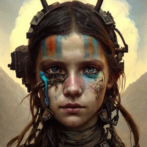 Image similar to portrait painting of a post - apocalyptic teenage girl with warpaint on her face wearing scrap armor, concept art, intricate details, eerie, highly detailed, octane render, 8 k, unreal engine. art by artgerm and greg rutkowski and charlie bowater and magali villeneuve and alphonse mucha