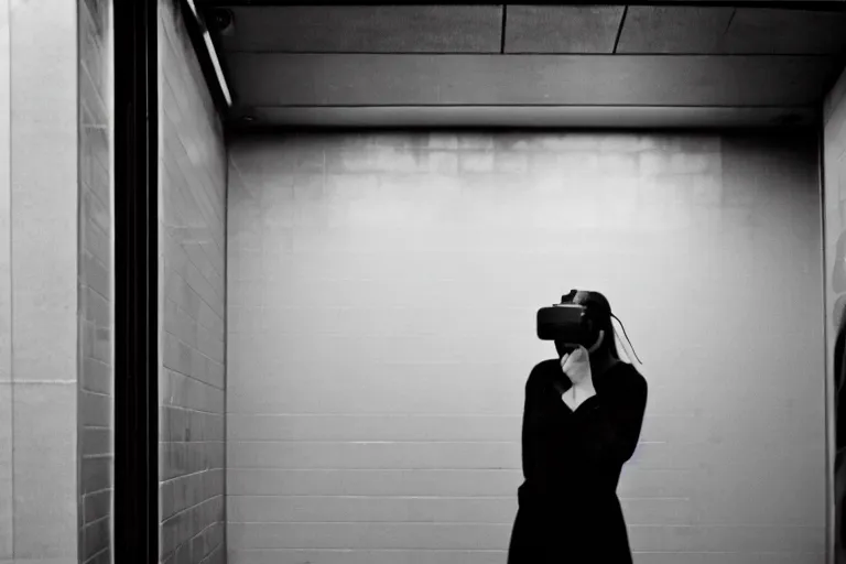 Image similar to girl in vr headset in a subway, richard avedon, tri - x pan, ominous lighting