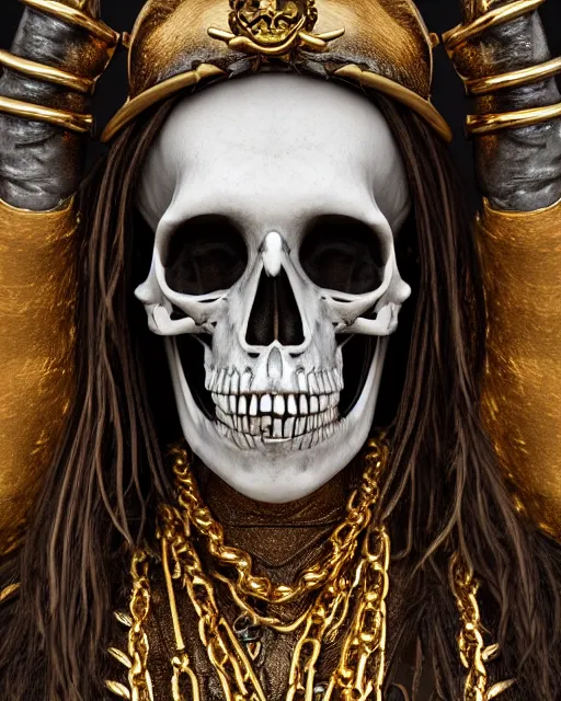 Image similar to realistic portrait of a pirate of bones, dark, gold, silver ornaments, facing camera, photo realistic, detailed, 1 4 5 0, delicate, hyper realism, ultra realistic, 8 k