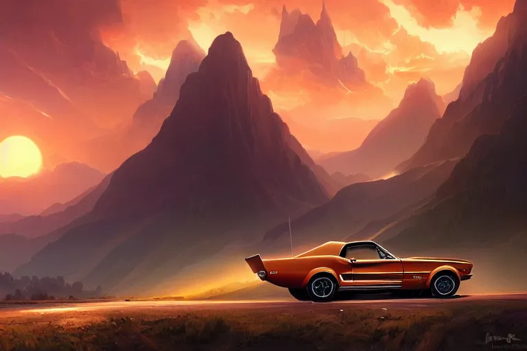 Image similar to a 1 9 6 8 mustang driving down a long country road, coriolios rpg art style, full of details, warm sunset colors, matte painting, artstation, 8 k, hyperrealistic, style of peter mohrbacher, album cover, extreme long shot, mountains, panoramic, wide shot