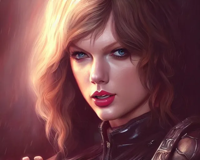 Image similar to a gaming screenshot still portrait of taylor swift in resident evil, deep focus, d & d, fantasy, intricate, elegant, highly detailed, digital painting, artstation, concept art, matte, sharp focus, illustration, dark fantasy style art, hearthstone, art by artgerm and greg rutkowski and alphonse mucha