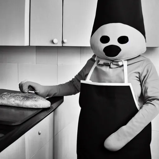 Image similar to photo of an anthropomorphic mini pinscher baking bread and wearing a kitchen apron, 4 k, noir photography