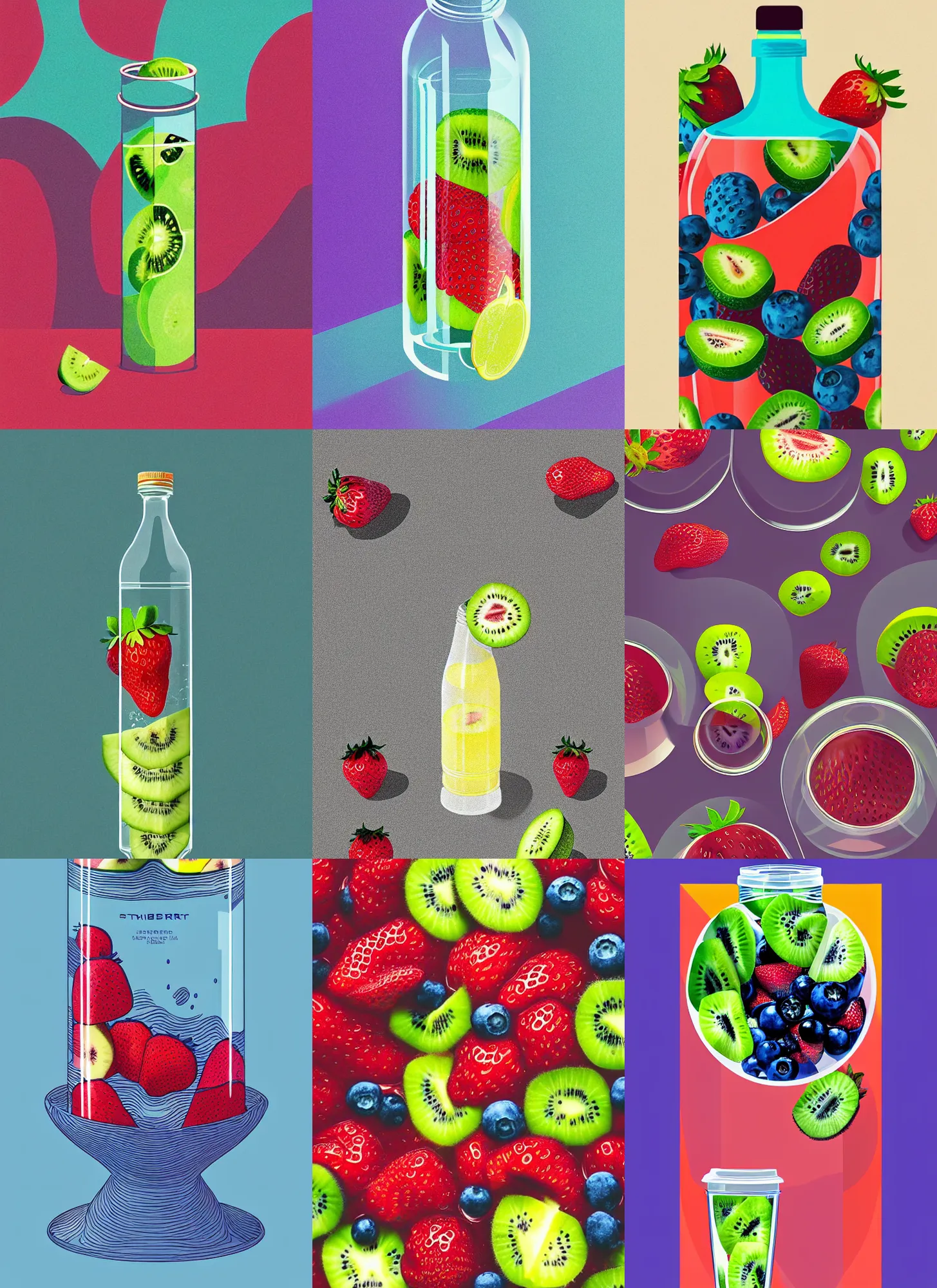 Prompt: ( ( dither ) ), editorial illustration strawberries blueberries sliced kiwi sliced lemon inside a clear drinking bottle, isometric, modern art deco, ( ( mads berg ) ), detailed, dynamic composition, wide angle, matte print, strong grain, art nouveau, moebius
