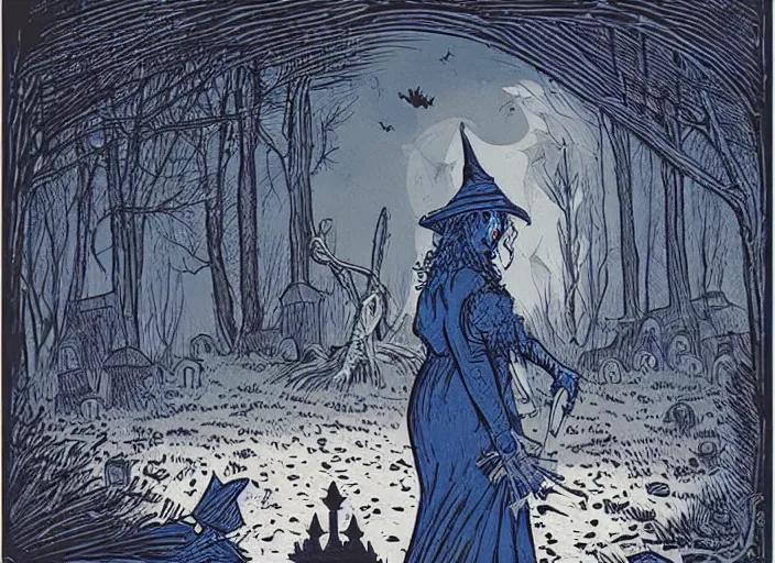 Image similar to blue woodcut print cartoon, halloween witch in graveyard at midnight by greg rutkowski, fine details, highly detailed