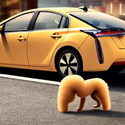 Image similar to a closeup photorealistic photograph of a poodle eating from a jar of mustard. toyota prius is in the background. professional capture. brightly lit scene. this 4 k hd image is trending on artstation, featured on behance, well - rendered, extra crisp, features intricate detail, epic composition and the style of unreal engine.