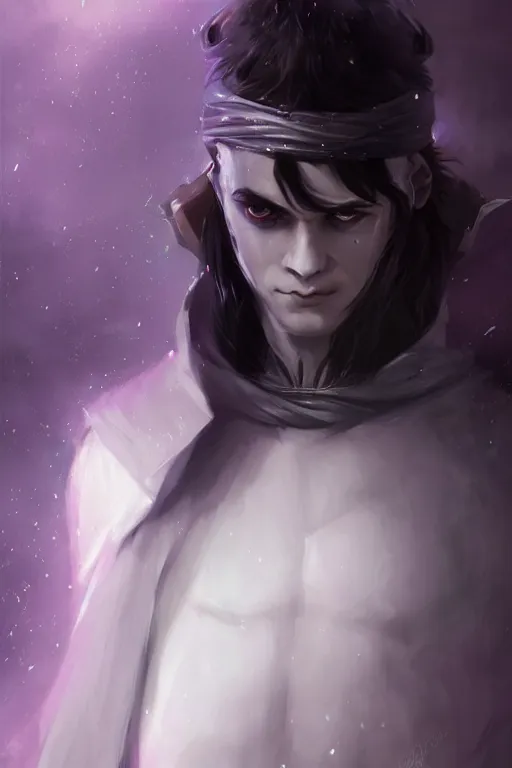 Image similar to white horns djinn man , black hair , portrait, concept art, purple and white thich cloak, illustration, costume design, editorial photo, fashion, hyperrealism, realism, trending on artstation, Charlie Bowater, WLOP