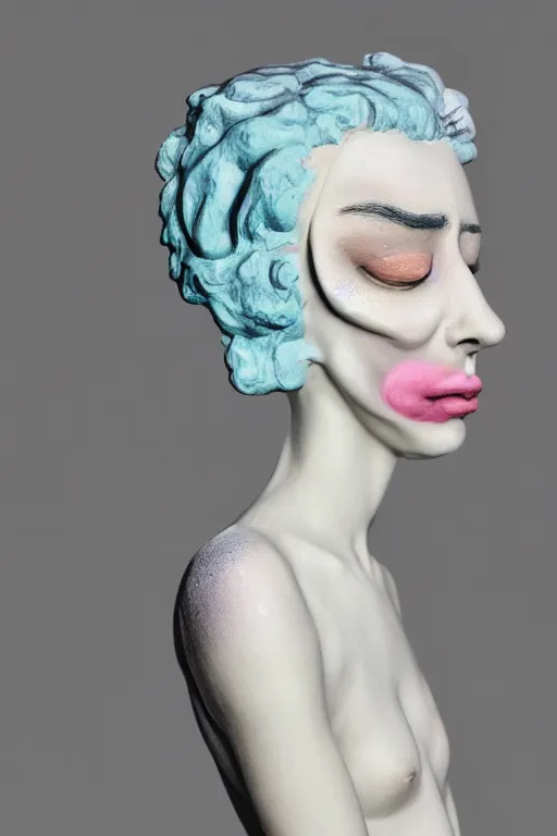 Image similar to 3 d full head and shoulders beautiful porcelain colourful woman with a sad expression and crying eyes by theodor seuss geisel and daniel arsham