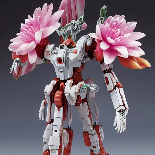 Prompt: futuristic nymphaea mecha waterlily upper body, beefy arms, flower claws, sepals forming helmet, floral details, nymphaea, 8 k hd resolution, barbatos gundam with floral inlay, bandai box art, star wars, makoto kobayashi, frank gehry, raymond swanland