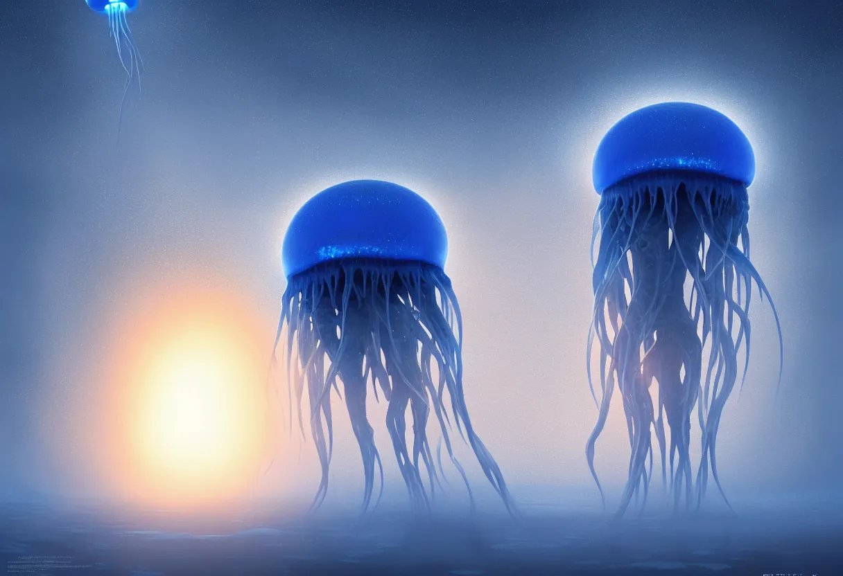 Image similar to strange blue illuminated alien jellyfish emerging from surface of another frozen winter planet at sunset, ultra high definition, ultra detailed, symmetry, fog, matte painting, by greg rutkowski and ross tran and wlop