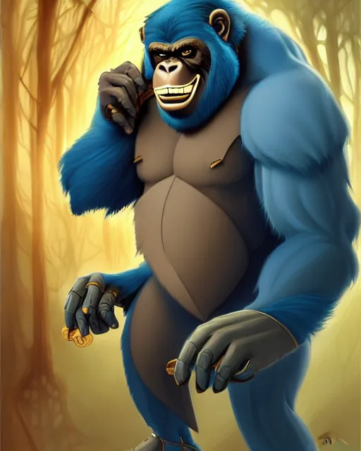 Image similar to don bluth, loish, artgerm, joshua middleton, steampunk, clockpunk anthropomorphic gorilla, full blue suit, smiling, symmetrical eyes symmetrical face, colorful animation forest background