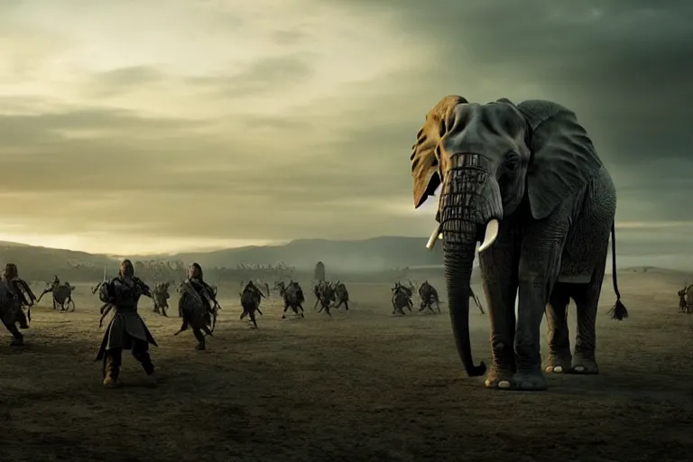 Prompt: vfx film, game of thrones armored elephant soldiers, flat color profile low - key lighting award winning photography arri alexa cinematography, big crowd, hyper real photorealistic cinematic beautiful, atmospheric cool colorgrade