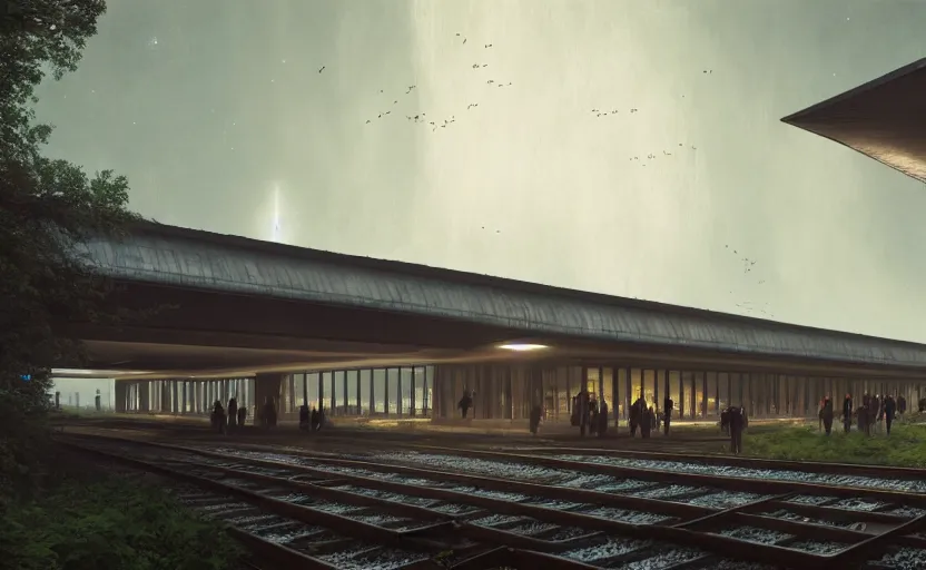 Image similar to exterior shot of utopian train station on the edge of the space with cinematic lighting by peter zumthor and renzo piano, darek zabrocki and greg ruthkowski, simon stalenhag, cinematic, holy place, paradise, scifi, futurism, atmospheric, concept art, artstation, trending on artstation
