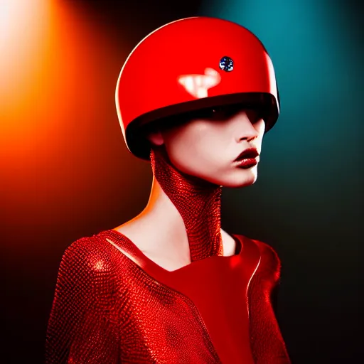 Image similar to female fashion model in year 3000 in a cave, model wearing a surreal Avant-garde helmet in red, dramatic lighting,photography , official Versace editorial , highly detailed