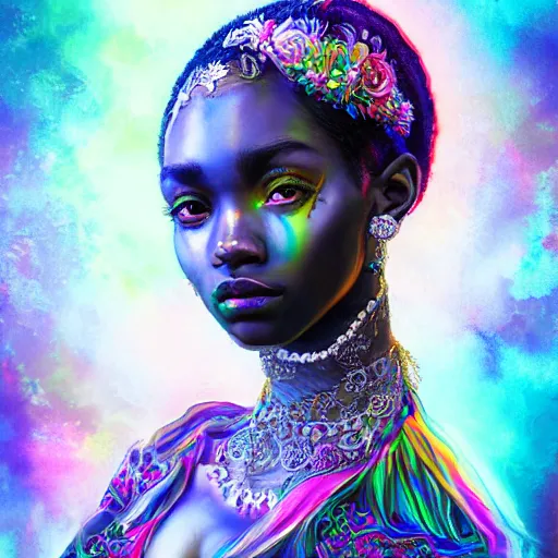 Image similar to the portrait of the absurdly beautiful, graceful, elegant, gorgeous, sensual young black girl goddess made of rainbow soul spirit, an ultrafine hyperdetailed photograph by kim jung gi, irakli nadar, intricate linework, bright colors, octopath traveler, final fantasy, unreal engine 5 highly rendered, global illumination, radiant light, intricate environment