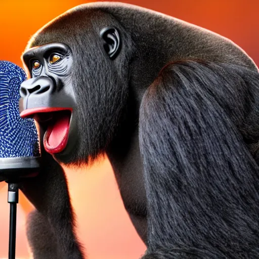 Image similar to a gorilla singing into a microphone as large crowd of people scream, at an outdoor night time stadium concert. highly detailed. wide angle