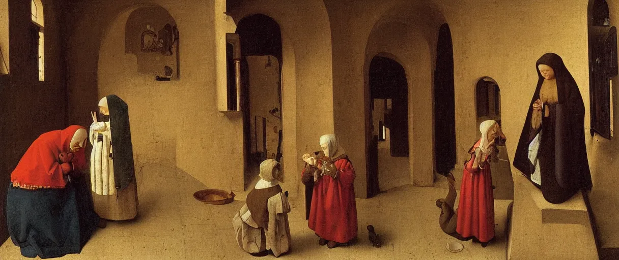 Image similar to A medieval old woman healer treats a boy with herbs, medieval painting by Jan van Eyck, Johannes Vermeer, H 700