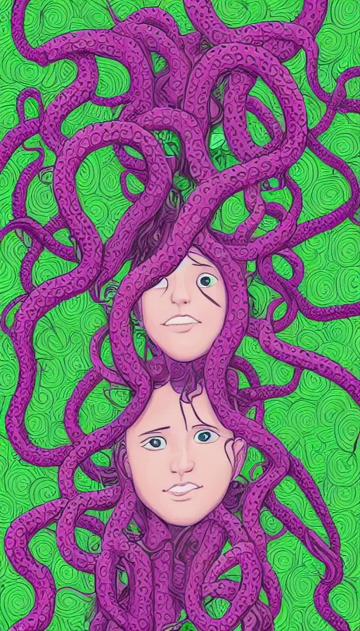 Image similar to very detailed portrait of a 2 0 years old girl surrounded by tentacles, the youg woman visage is blooming from fractal and vines, by rebecca sugar