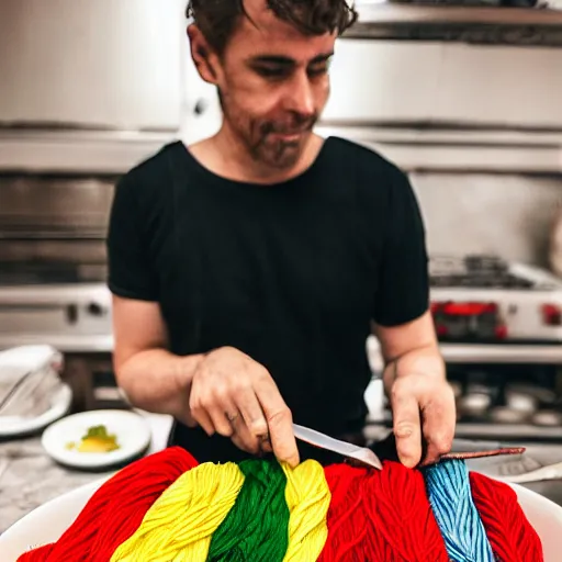 Image similar to italian chef cooking a plate of colorful yarn like spaghetti