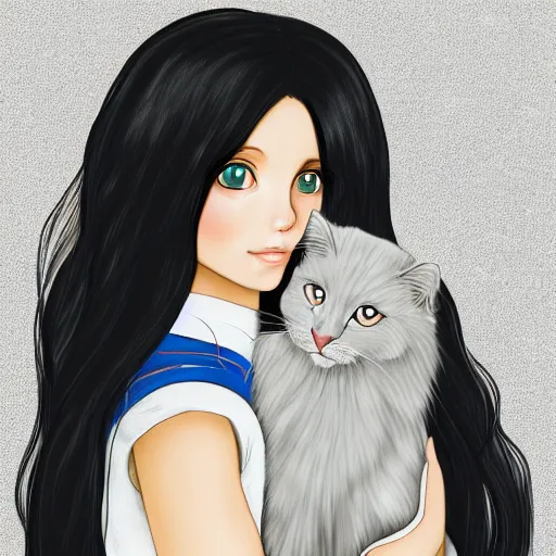 Prompt: a girl with long dark hair holding a cat in her arms, pexels contest winner, rasquache, high quality photo, rtx, hd, shiny eyes, a renaissance painting by sailor moon, anime, anime aesthetic