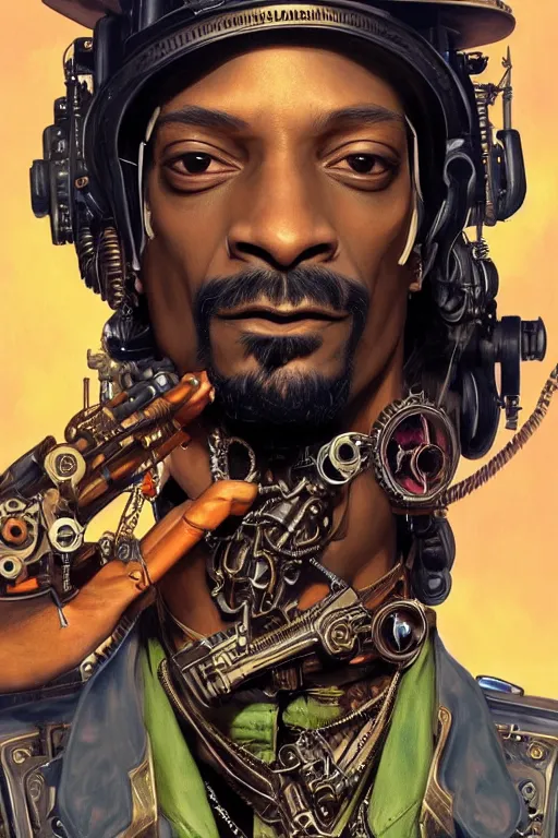 Image similar to snoop dog as a steampunk cyborg gunslinger, portrait, cyber western, neon, duster, fantasy, intricate, elegant, highly detailed, digital painting, artstation, concept art, sharp focus, illustration, art by artgerm and greg rutkowski and alphonse mucha