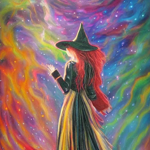 Image similar to dreamy vision of witch walking through heavy rain, epic, cosmic, intricate details, oil on canvas