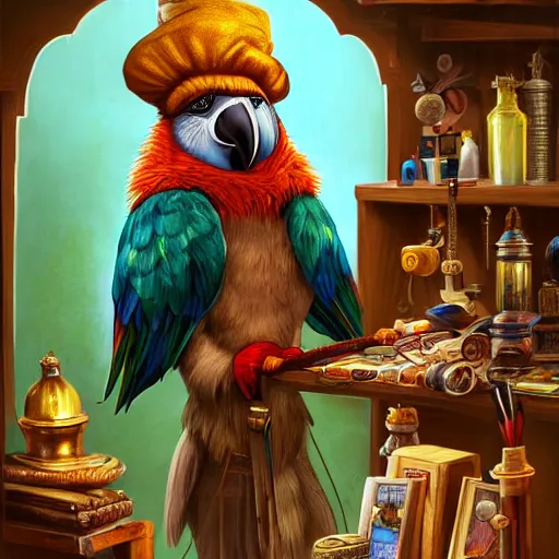 Image similar to Anthropomorphized parrot trader in his shop, selling his wares, portrait, items, items, magic potions, carpet, window, fancy hat, sly expression , cunning expression, cute expression, long thick shiny black beak, presenting wares, holding a bag, D&D, fantasy, cinematic lighting, highly detailed, digital painting, artstation, concept art, smooth, sharp focus, illustration, warm light, cozy warm tint, magic the gathering artwork, volumetric lighting, 8k, art by Akihiko Yoshida, Greg Rutkowski