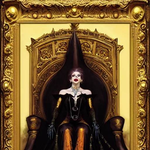 Image similar to perfectly centered portrait of attractive vampire queen in gold gothic robe sitting on a throne of black bones, painting by gaston bussiere, craig mullins, j. c. leyendecker, 8 k, mid shot