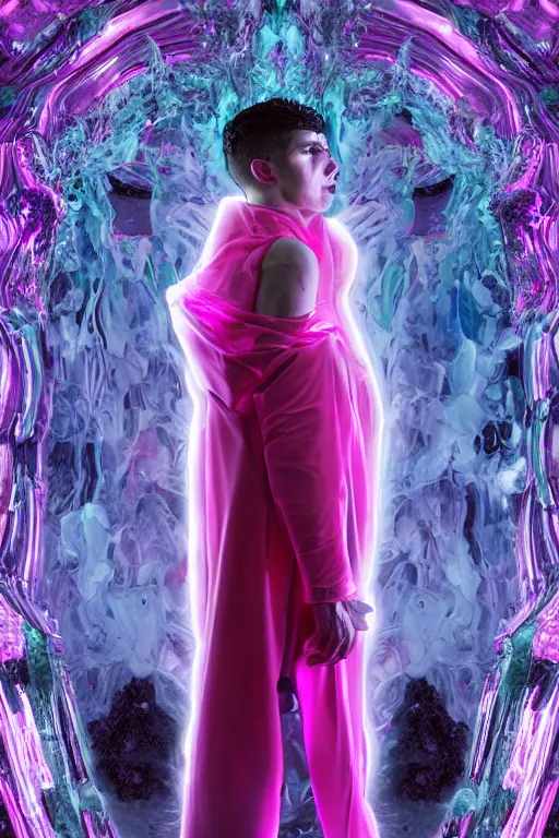 Prompt: photo of full - bodied rococo and cyberpunk delicate neon crystalline sculpture of seductive onyx albino marble prince nick jonas green iridescent humanoid deity wearing pink plastic hooded cloak holding an glass skull in a onyx alien dungeon, reclining, glowing magenta face, crown of white diamonds, cinematic lighting, photorealistic, octane render 8 k depth of field 3 d
