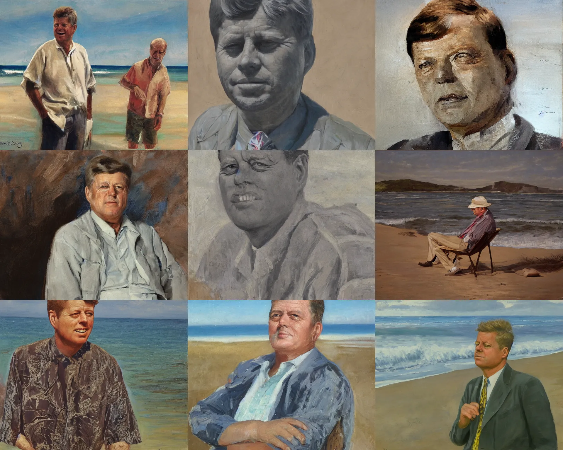 Prompt: far portrait of john f kennedy, old, wrinkled, and grey on nantucket beach, handsome, hawaiian shirt, oil on canvas by william sidney mount - 1 9 8 2, trending on artstation