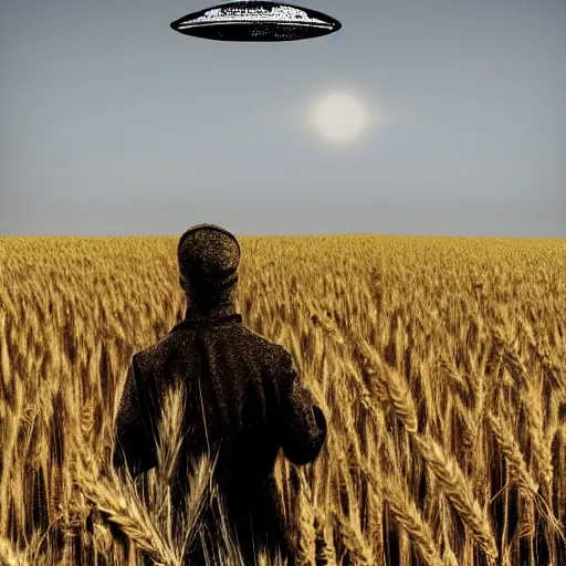 Prompt: UFO hovering over medieval peasant standing in wheat field while grey alien approaches from the distance