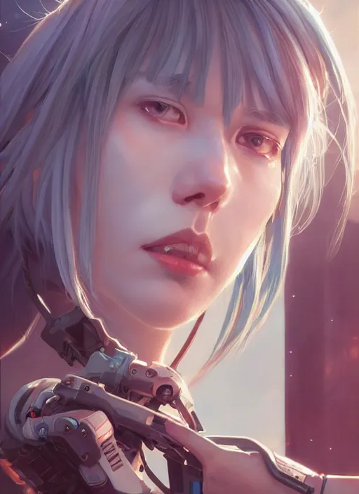 Image similar to highly detailed portrait of rei ayanami, stephen bliss, unreal engine, fantasy art by greg rutkowski, loish, rhads, ferdinand knab, makoto shinkai and lois van baarle, ilya kuvshinov, rossdraws, tom bagshaw, global illumination, radiant light, detailed and intricate environment