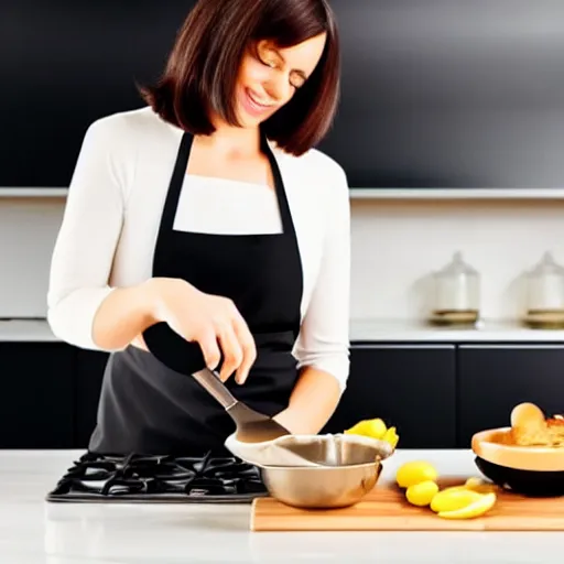 Image similar to image of a beautiful woman with dark hair and bob haircut cooking omelette in the modern kitchen. dynamic lighting.