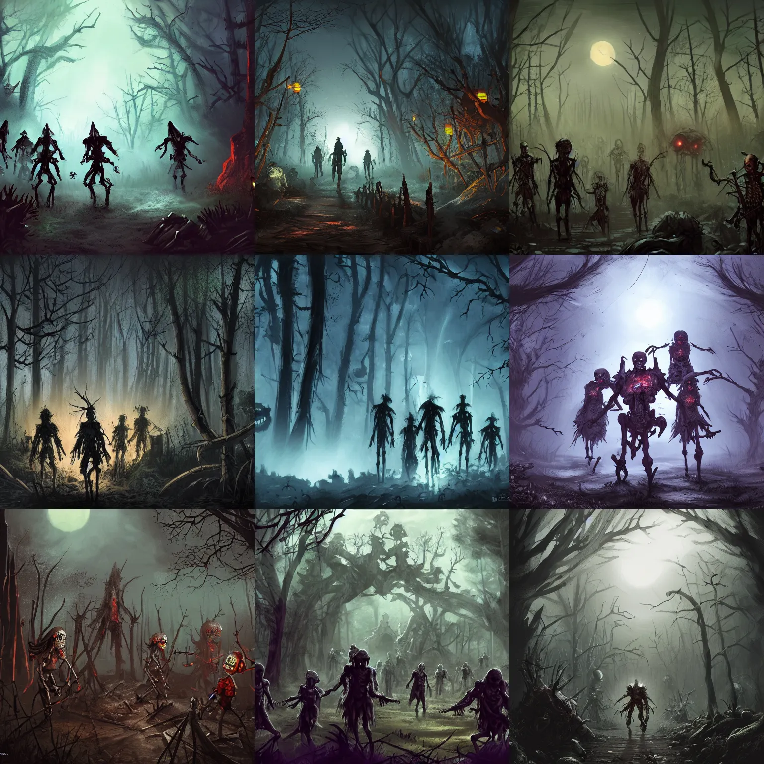 Prompt: dangerous skeletons and zombies in a forest at night approaching a village, dnd, concept art, fantasy art, 4 k, artstation