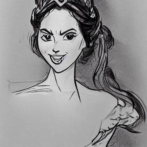 Image similar to milt kahl sketch of vanessa hudgeons with done up hair, tendrils covering face and ponytail as princess padme from star wars episode 3