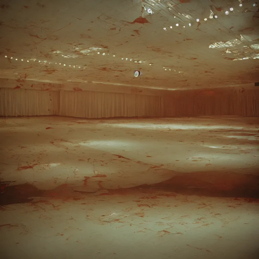 Image similar to 7 0 s movie still of an empty soviet ballroom flooded with blood, cinestill 8 0 0 t 3 5 mm, heavy grain, high quality, high detail