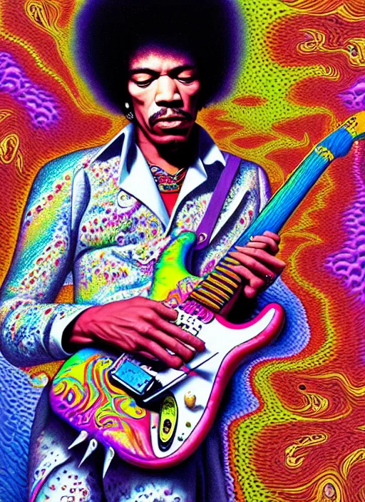 Image similar to hyper detailed 3d render like a Oil painting - Jimi Hendrix aerochrome and milky Fruit holding a white stratocaster guitar in his left hand, iridescent paisley patterns by Jacek Yerka, Ilya Kuvshinov, Mariusz Lewandowski, Houdini algorithmic generative render, Abstract brush strokes, Masterpiece, Edward Hopper and James Gilleard, Zdzislaw Beksinski, Mark Ryden, Wolfgang Lettl, hints of Yayoi Kasuma, octane render, 8k