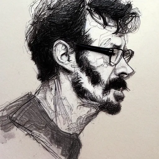 Image similar to a realistic yet scraggly portrait sketch of the side profile of a stern and sophisticated kip dynamite, trending on artstation, intricate details, in the style of frank auerbach, in the style of sergio aragones, in the style of martin ansin, in the style of david aja, in the style of mattias adolfsson