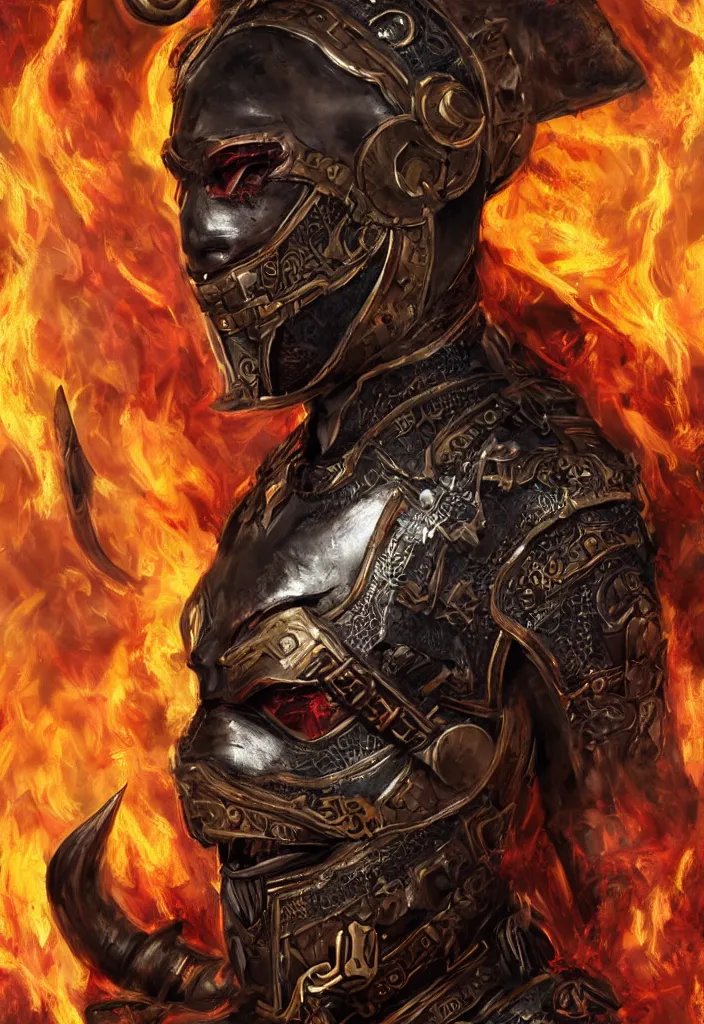 Prompt: a portrait of a wakandan warrior in a steampunk style armor as a demon in a fiery hell, eerie, dark, fantasy, trending on ar, digital art.