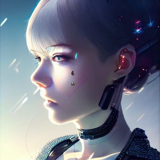 Prompt: beautiful cyborg - girl in sci - fi clothing made of diamonds, reflections, very high intricate details, digital anime art, medium shot, mid - shot, wlop, ilya kuvshinov, artgerm, krenz cushart, greg rutkowski, sana takeda