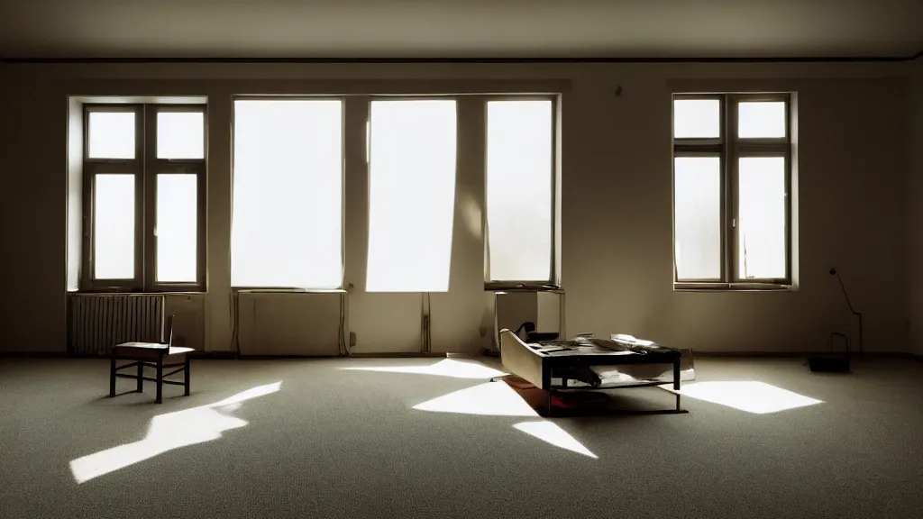 Prompt: a empty room with paintings on a wall, carpet on the floor, window with light coming through, nightstand in a corner, film still from the movie directed by Denis Villeneuve, wide lens
