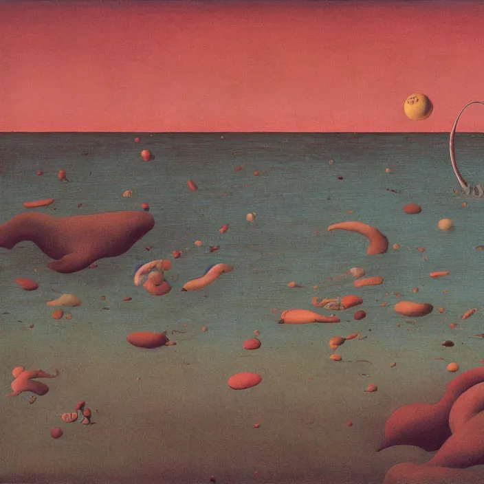 Image similar to the first color getting out of the primordial ocean to walk on land. sunset. codex seraphinianus. painting by yves tanguy, bruegel, walton ford, rene magritte, max ernst, matisse