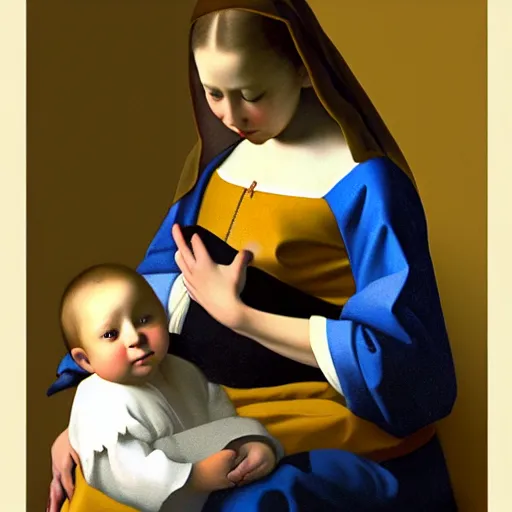 Image similar to pure love is patient love is kind, mother and child ; photorealistic oil painting by johannes vermeer ; highly detailed cute faces by wlop ; trending on artstation ; 8 k high resolution, symmetrical, cinematic, high coherence, golden ratio, rule of thirds, perfectly centered ; anatomically correct faces