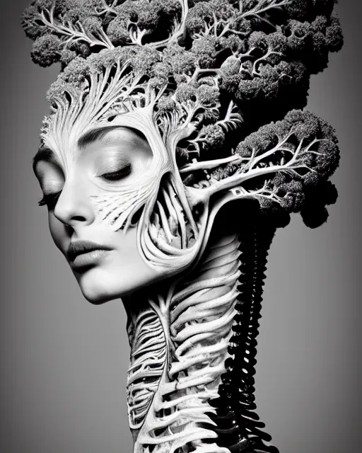 Image similar to a black and white high quality photo of a young beautiful female queen-vegetal-dragon-cyborg bust with a very long neck and Mandelbrot fractal face, Mandelbrot fractal skin, flesh, anatomical, facial muscles, veins, arteries, elegant, highly detailed, flesh highly baroque ornate, hair are wired cables, elegant, high fashion, rim light, octane render, in the style of Cindy Sherman, Realistic, Refined, Digital Art, Highly Detailed, Cinematic Lighting, rim light, black and white, photo-realistic, 8K