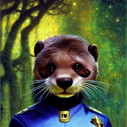 Image similar to a female otter in starfleet uniform at night in a dark forest. zootopia fursona furaffinity furry art detailed face painting by gaston bussiere craig mullins jc leyendecker gustav klimt artgerm greg rutkowski furry